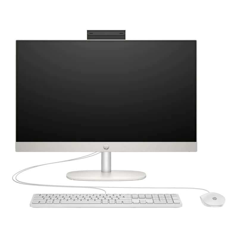 HP All in One PC 24-cr0004l Front View with White Mouse & Full size Keyboard