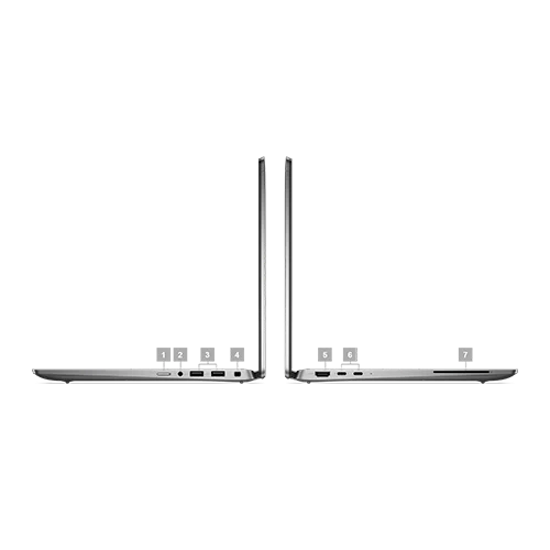 Side views of a silver Dell Latitude laptop, showcasing its various ports and connectors.