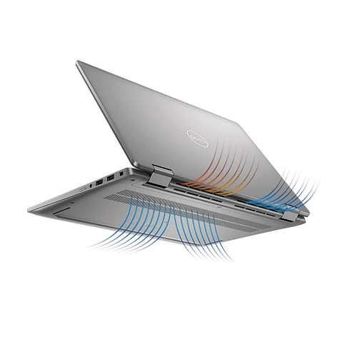A silver Dell Latitude laptop with its lid open, showcasing the cooling vents and airflow.