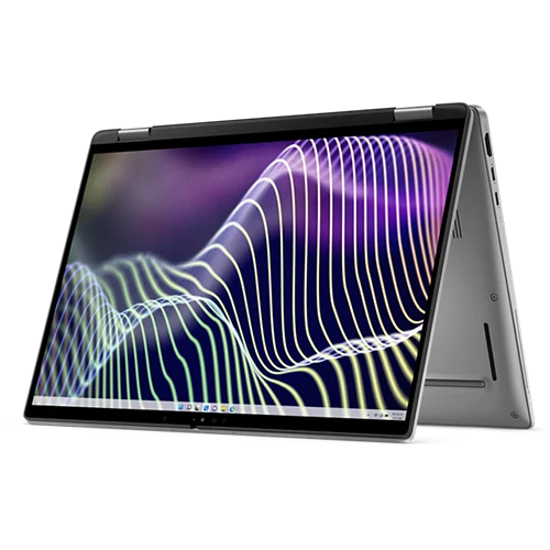 A silver Dell Latitude laptop in 2-in-1 mode, showcasing its touchscreen display and versatile design.