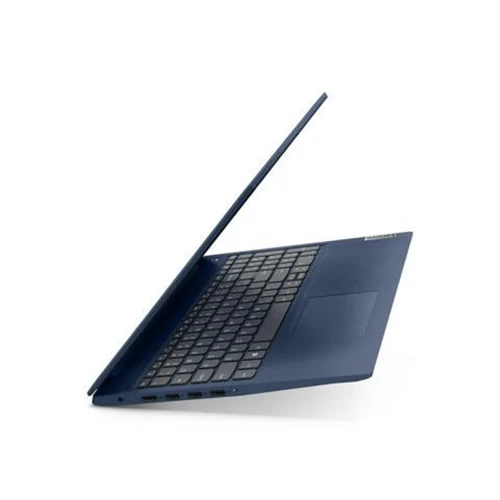 Side view of a blue Lenovo IdeaPad 3 laptop, showcasing its thin profile and ports.