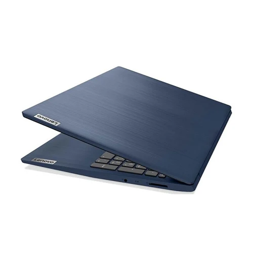 A blue Lenovo laptop with the lid open, showcasing the keyboard and touchpad.