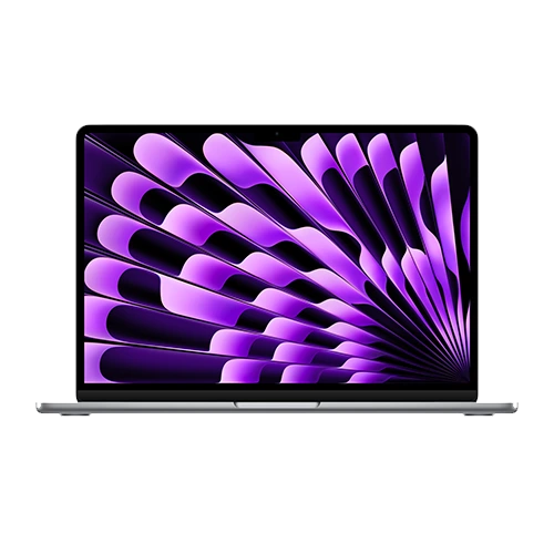 A Space Grey MXCR3LL/A MacBook Air laptop with a bright, colorful display showing an abstract pattern.