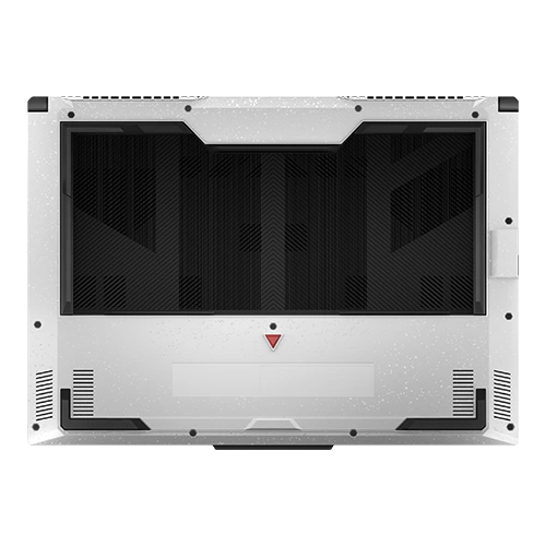 Rear view of a white ASUS TUF Dash F15 gaming laptop with cooling vents and the TUF Dash logo.