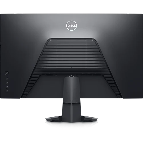 Rear view of a black Dell gaming monitor, showcasing its stand and connectivity ports.