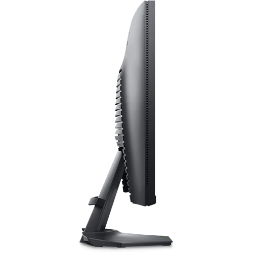 Side view of a black Dell gaming monitor, showcasing its slim profile and ergonomic stand.