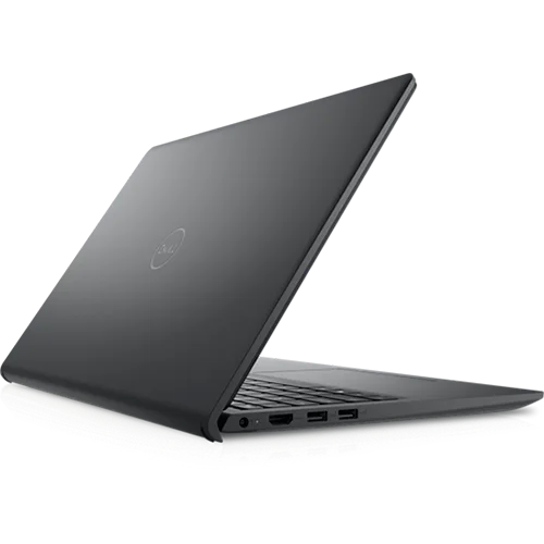 A black Dell Inspiron laptop with the Dell logo on the lid, showcasing its sleek design and ports.