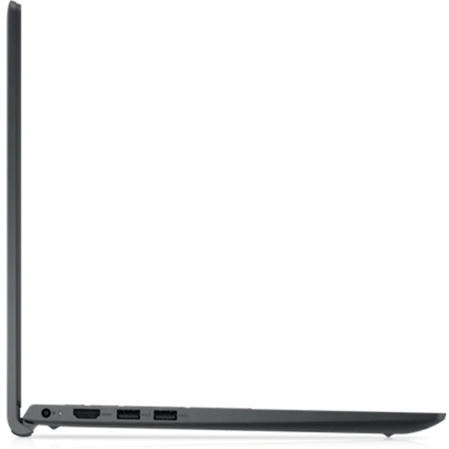 Side view of a black Dell Inspiron laptop, showcasing its thin profile and ports.