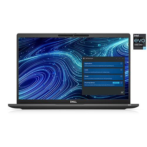A black Dell Latitude 7420 x360 laptop with a vibrant display showing a geometric pattern.