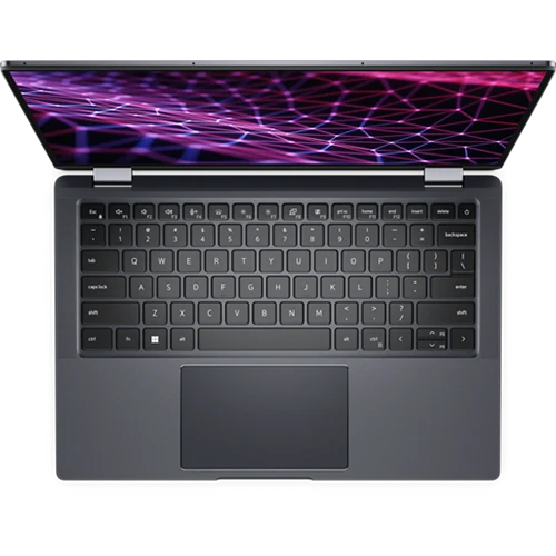 Top-down view of a Dell Latitude 9430 laptop showing the keyboard, trackpad, and a vibrant display with abstract pink and purple lines on a black background. The laptop is dark gray with a compact, modern design.