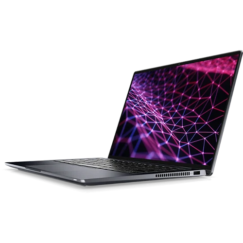 Side view of a Dell Latitude 9430 laptop, showcasing a sleek design, thin profile, and a 14-inch display with vibrant geometric patterns in pink, purple, and blue colors. The laptop is positioned at an angle, revealing the keyboard, vent, and part of the trackpad.