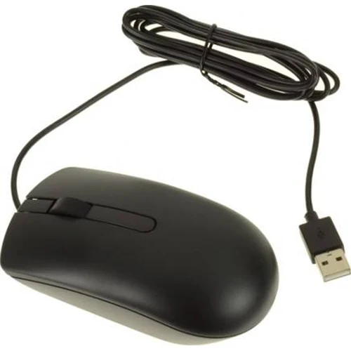 A black Dell wired optical mouse with a USB connector.
