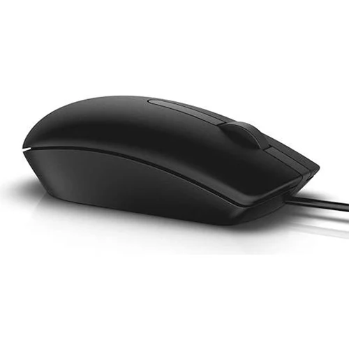 A black Dell wired optical mouse with a USB connector and ergonomic design.
