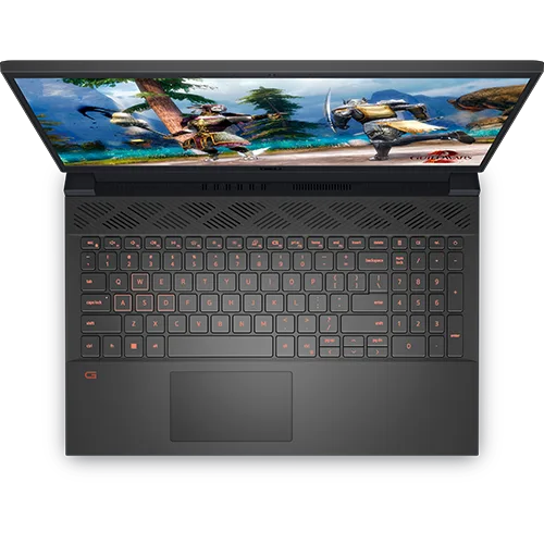 Top-down view of a black Dell G15 gaming laptop with a backlit keyboard and a large touchpad.