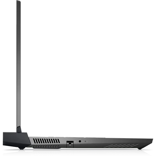 Side view of a black Dell G15 gaming laptop, showcasing its thin profile and cooling vents.