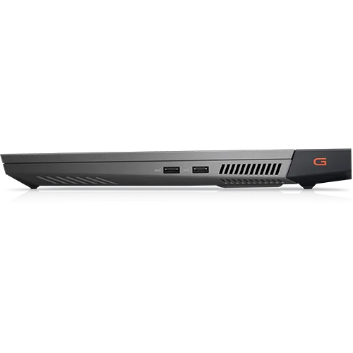 Side view of a black Dell G15 gaming laptop, showcasing its cooling vents and ports.