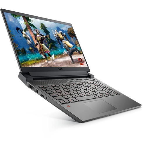 A black Dell G15 gaming laptop with a vibrant display showing a game scene, angled to show off its sleek design.