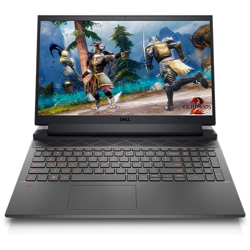A black Dell G15 5520 gaming laptop with a vibrant display showing a game scene.