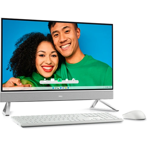 A silver Dell all-in-one PC with a wireless keyboard and mouse, both featuring a sleek design.
