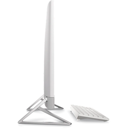 Side view of a silver Dell all-in-one PC, showcasing its sleek design and integrated stand.