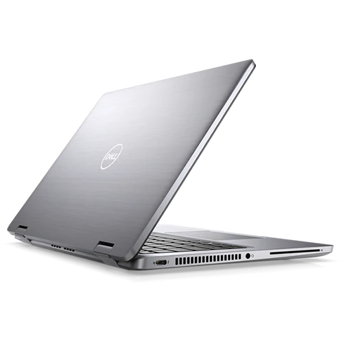 A Grey Dell Latitude laptop in 2-in-1 mode, showcasing its touchscreen display and versatile design.