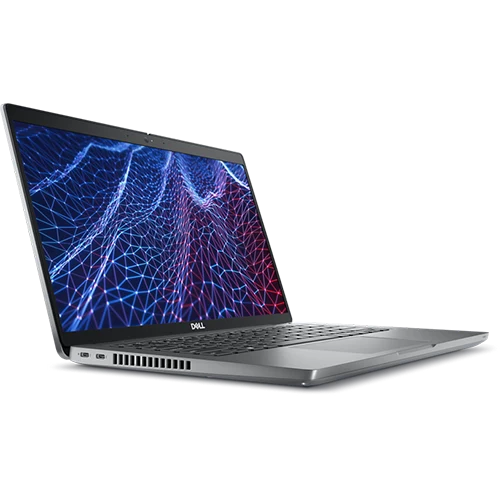 A silver Dell Latitude 5430 laptop with a vibrant display showing a geometric pattern.