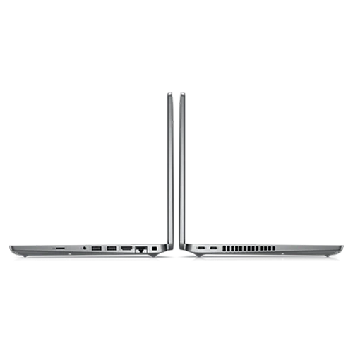 Side views of a silver Dell Latitude laptop, showcasing its thin profile and ports.