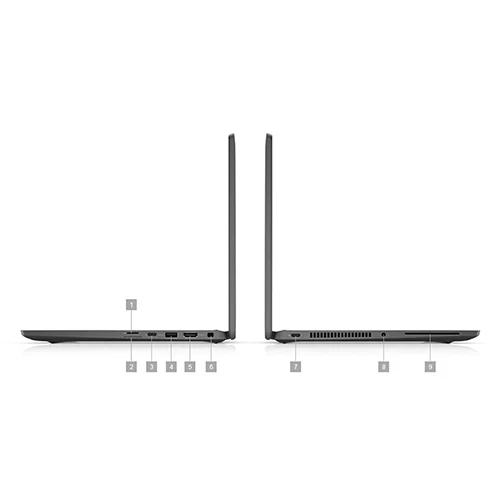 Side views of a black Latitude 7420 core i5 laptop, showcasing its thin profile and ports.