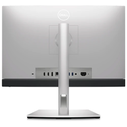 Rear view of a silver Dell monitor, showcasing its stand, ports, and Dell logo.