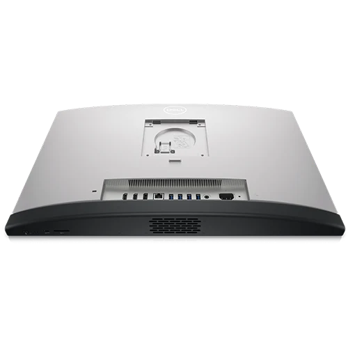 Rear view of a silver Dell OptiPlex 7410 Plus ALL-IN-ONE 13th Gen PC Specs & Features, showcasing its stand, ports, and Dell logo.
