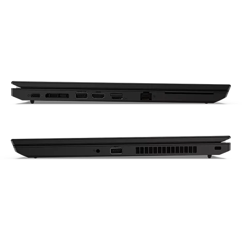 Side views of a black Lenovo ThinkPad laptop, showcasing its thin profile and ports