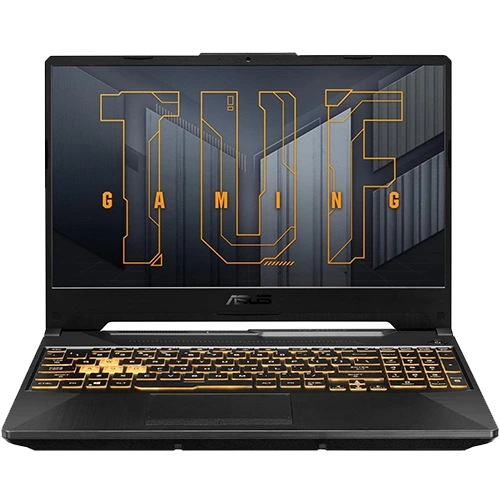 Front view of an ASUS TUF Gaming laptop featuring a black chassis with an illuminated orange keyboard and a bold 'TUF GAMING' logo displayed on the screen.