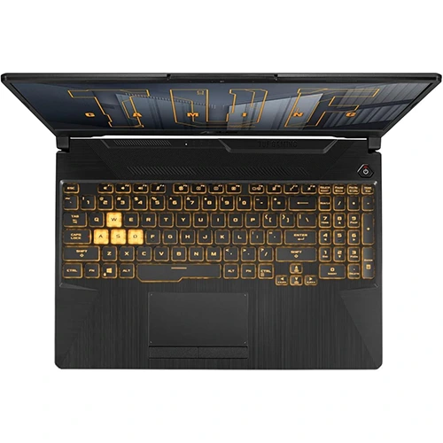 Top-down view of an ASUS TUF Gaming laptop showcasing its illuminated orange keyboard with highlighted WASD keys, a compact touchpad, and a partially visible display featuring the 'TUF GAMING' logo.