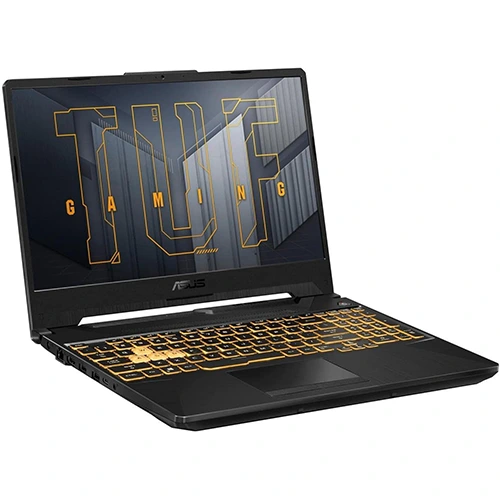 Angled side view of an ASUS TUF Gaming laptop featuring a black design with an orange-backlit keyboard, highlighted WASD keys, and a screen displaying the 'TUF GAMING' logo.