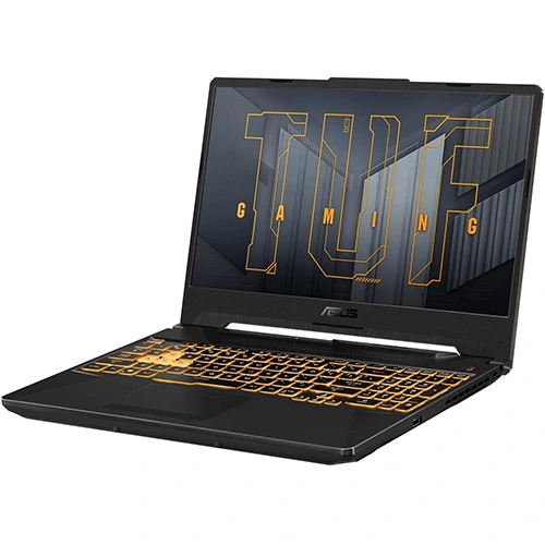 A black ASUS TUF gaming laptop with a backlit keyboard and the TUF Gaming logo prominently displayed on the screen.