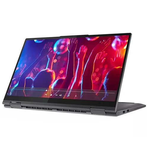 A Slate Grey Lenovo Yoga laptop in 2-in-1 mode, showcasing its touchscreen display and versatile design.