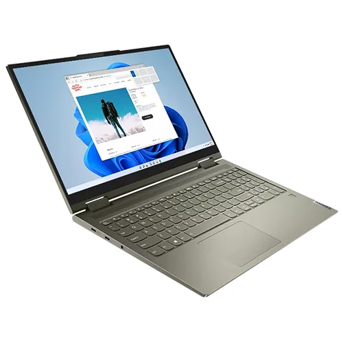 A Slate Grey Lenovo Yoga laptop with the screen open, displaying the Windows 11 interface