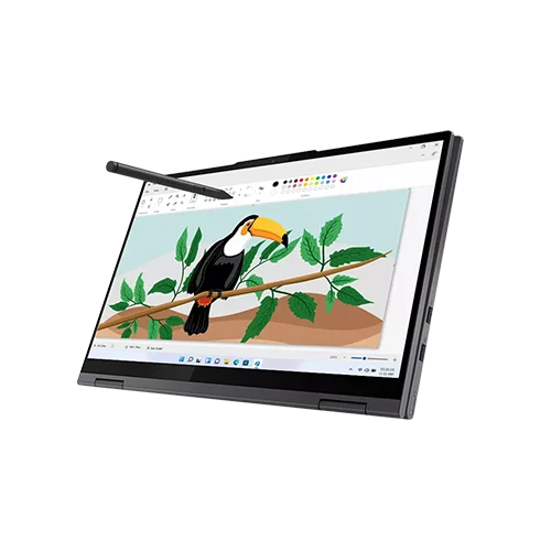 Yoga 7 15ITI%5 laptop in tablet mode, with a stylus being used to draw on the screen.