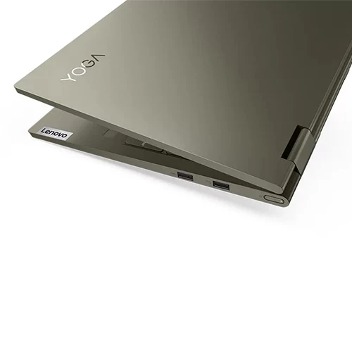 Side view of a Slate gray Lenovo Yoga 2-in-1 laptop, showcasing its sleek design and 360-degree hinge.