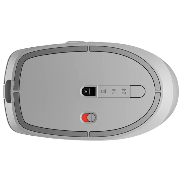 Rechargeable Silent Bluetooth Mouse bottom view showing power button, multi connection device and Sensor