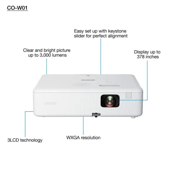 EPSON CO-W01 WXGA 3LCD Projector – 3000 Lumens, 16:10 Aspect Ratio, RGB Liquid Crystal Shutter