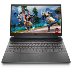 A black Dell G15 5520 gaming laptop with a vibrant display showing a game scene.