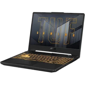 A black ASUS TUF gaming laptop with a backlit keyboard and the TUF Gaming logo prominently displayed on the screen.